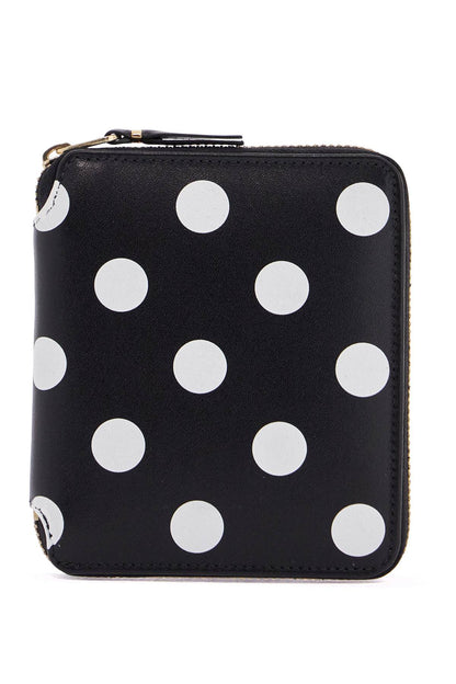 Black Leather Wallet With White Polka Dots And Gold Zip  - Black