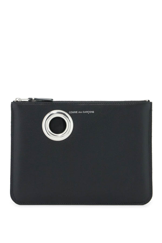 Leather Pouch With Large Eyelet Detail  - Black