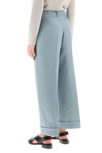 Linen Cigarette Pants In Salix Style  - Light Blue