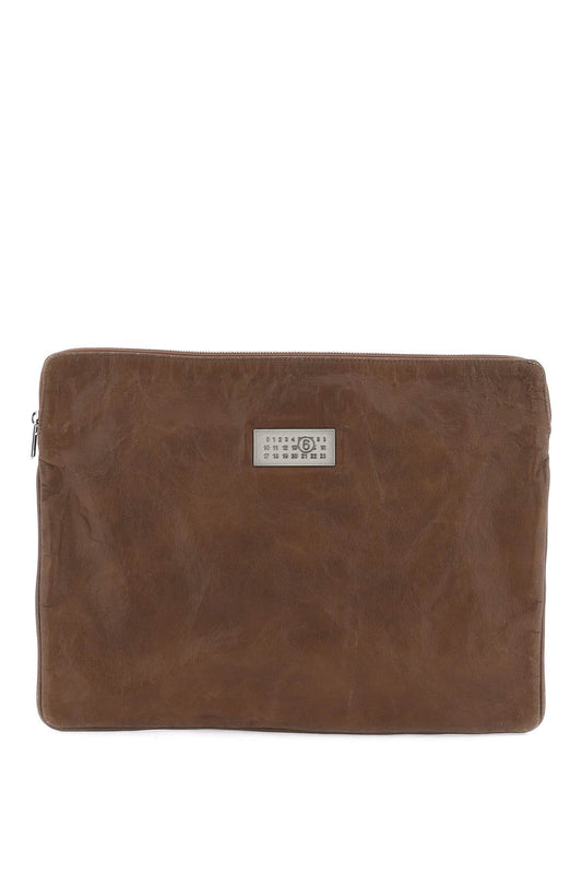 Crinkled Leather Document Holder Pouch  - Brown