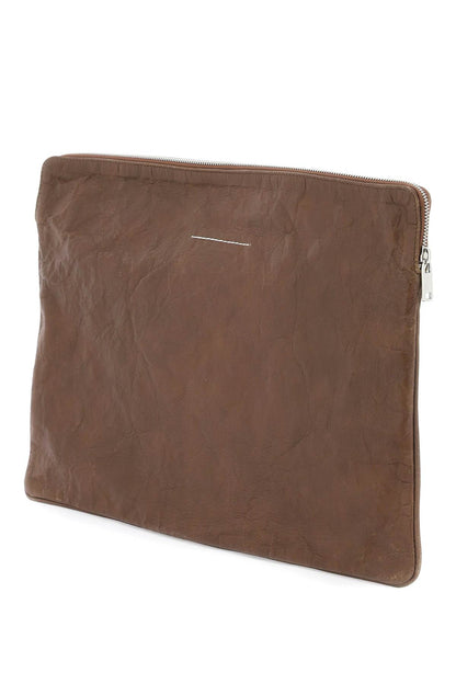 Crinkled Leather Document Holder Pouch  - Brown