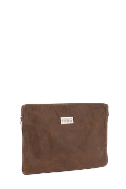 Crinkled Leather Document Holder Pouch  - Brown