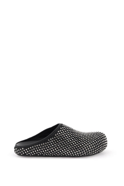 Leather Fussbett Clogs With Rhinestones  - Black