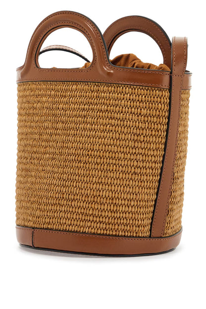 Light Brown Woven Fabric And Leather Bag With Circular Handles  - Brown