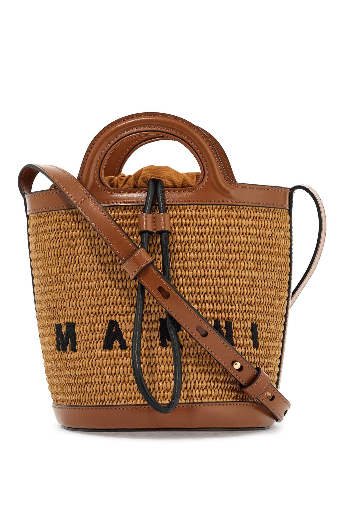 Light Brown Woven Fabric And Leather Bag With Circular Handles  - Brown