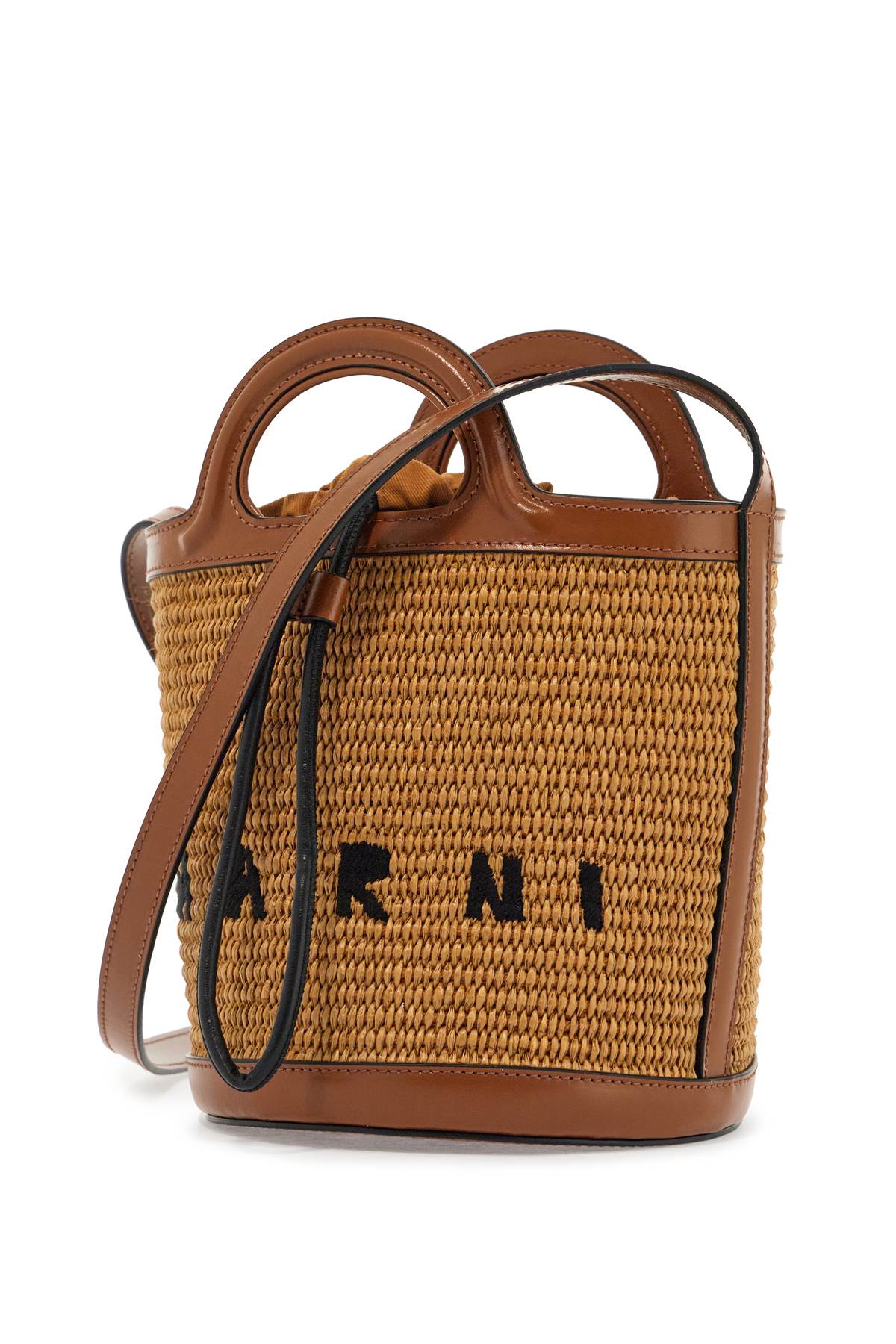 Light Brown Woven Fabric And Leather Bag With Circular Handles  - Brown