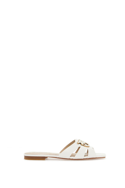 Milk Calf Leather Slippers With Striped Structure And Golden Details  - White