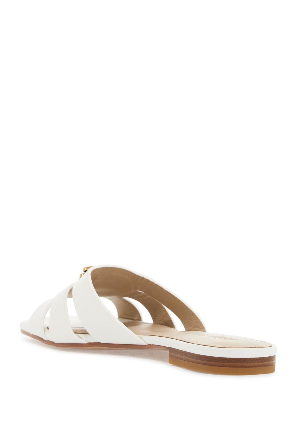 Milk Calf Leather Slippers With Striped Structure And Golden Details  - White