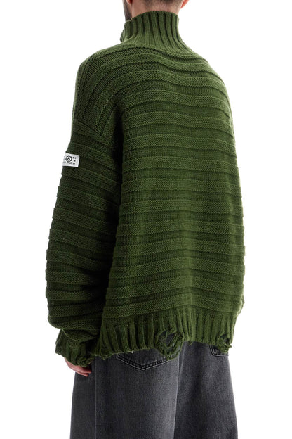 Distressed High-neck Pullover Sweater  - Green