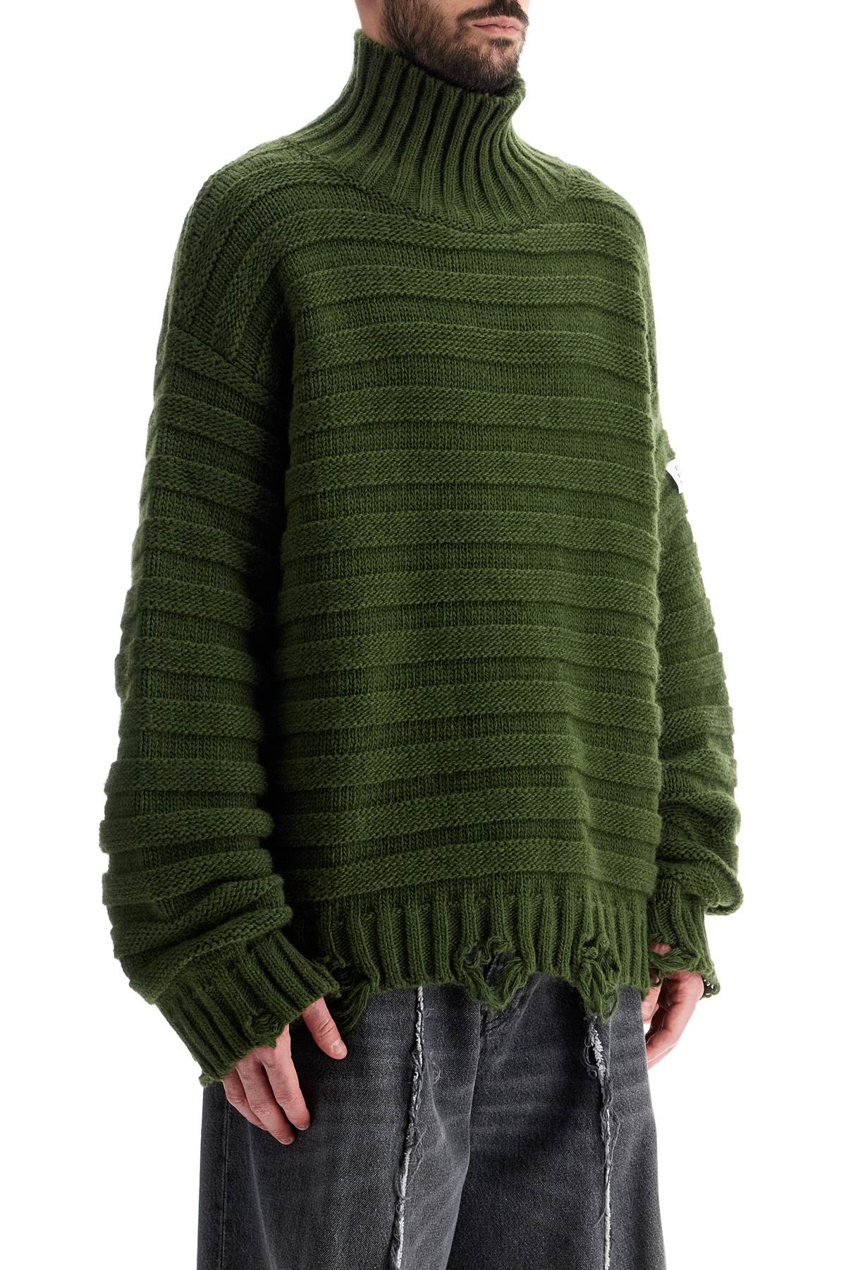 Distressed High-neck Pullover Sweater  - Green