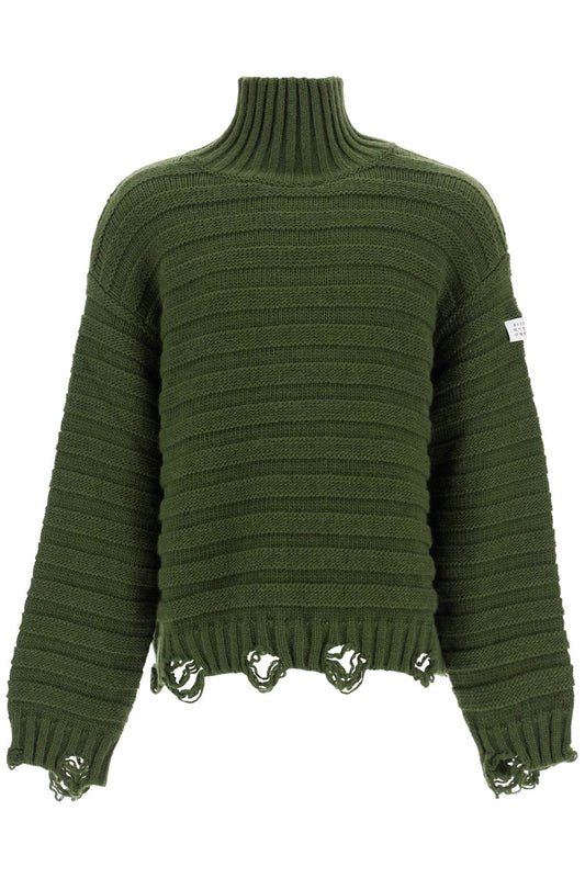 Distressed High-neck Pullover Sweater  - Green