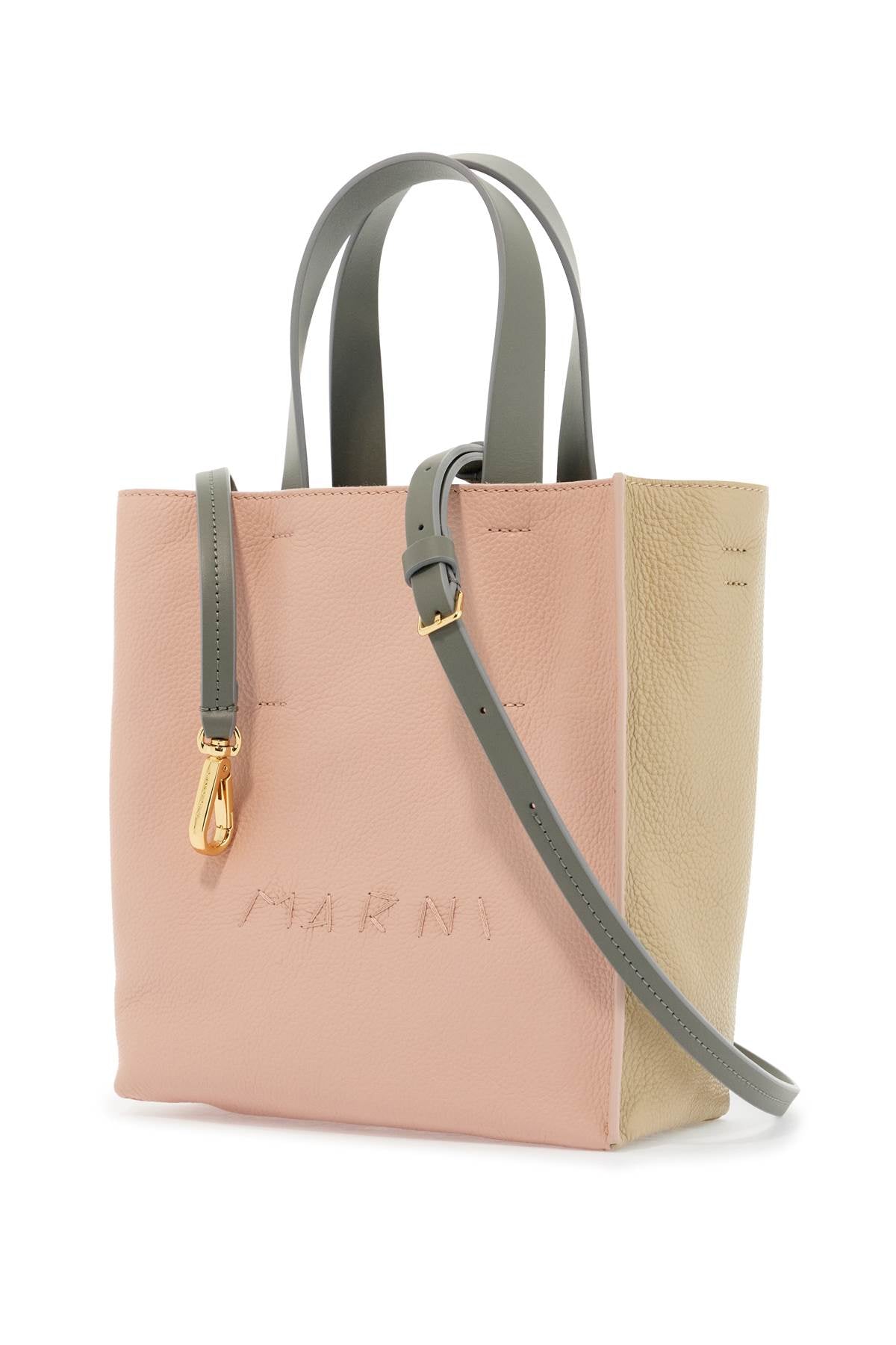 Pink And Beige Calfskin Shopping Bag With Gray Handles  - Beige