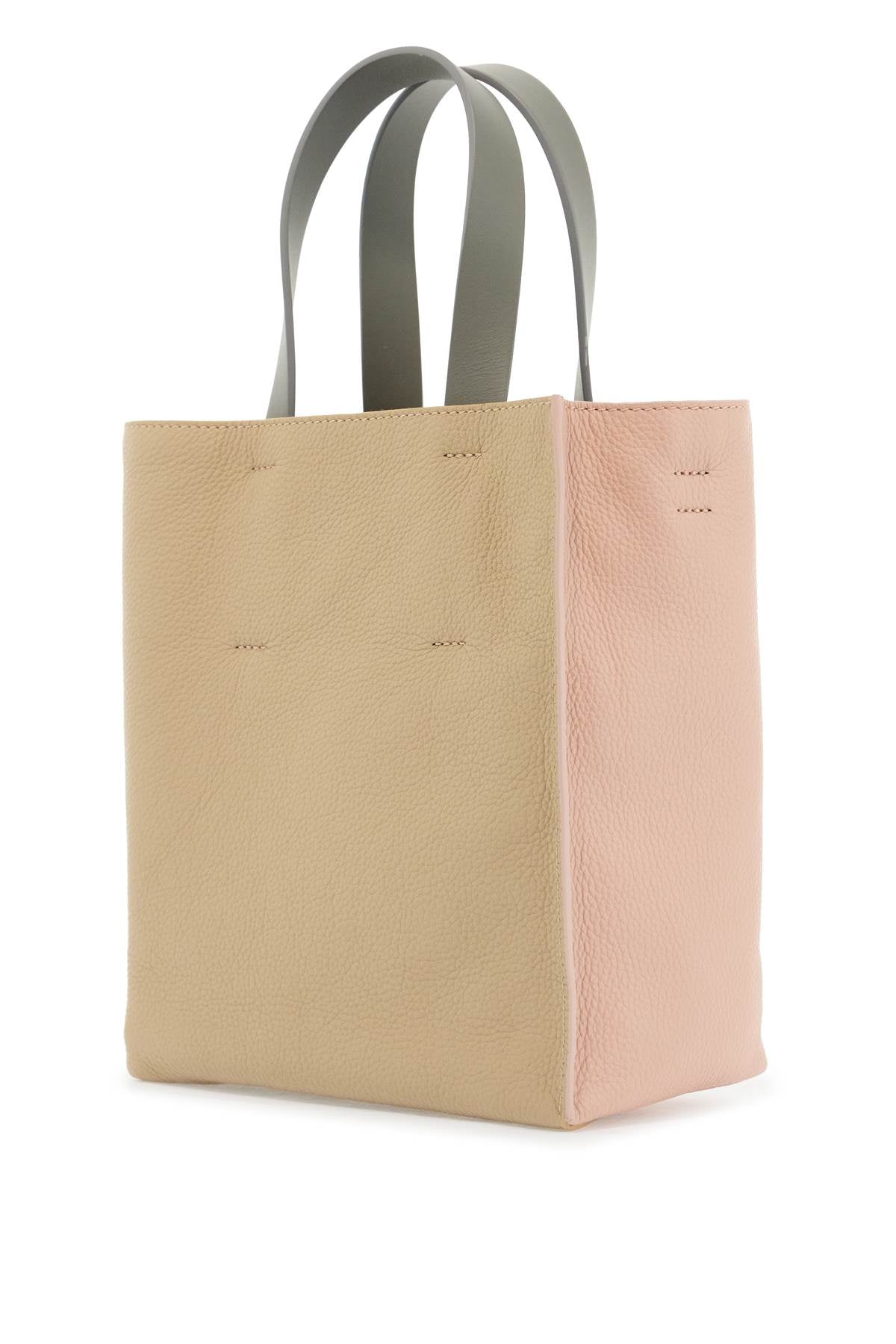 Pink And Beige Calfskin Shopping Bag With Gray Handles  - Beige