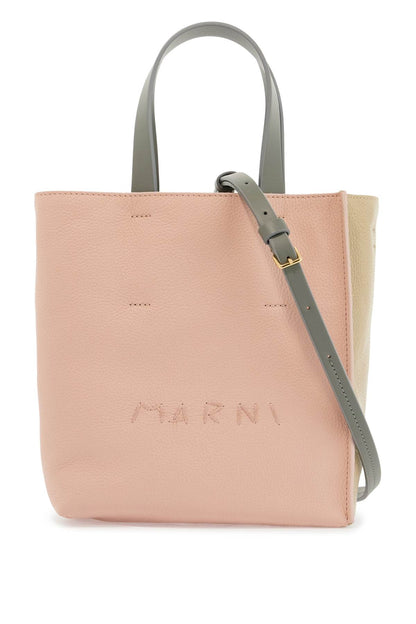 Pink And Beige Calfskin Shopping Bag With Gray Handles  - Beige