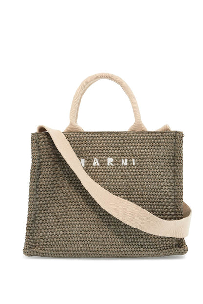 Raffia-effect Canvas Small Tote Bag  - Green