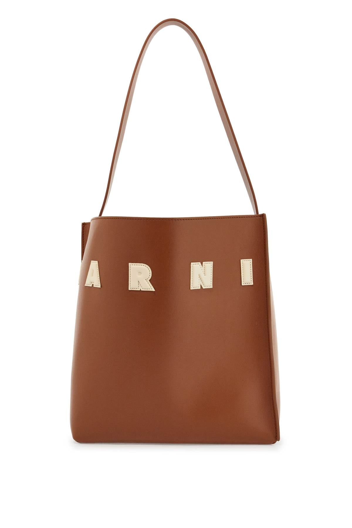 Brown Structured Calfskin Shopping Bag With Ivory Details  - Brown