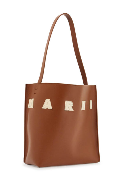 Brown Structured Calfskin Shopping Bag With Ivory Details  - Brown