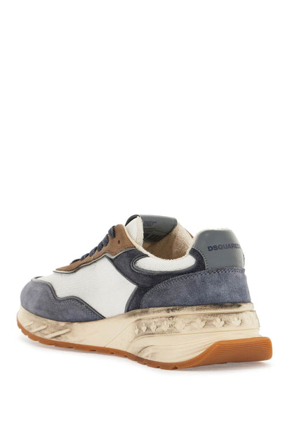 Low Top Blue Denim Sneakers In Leather With Suede Inserts And Rubber Sole  - Blue