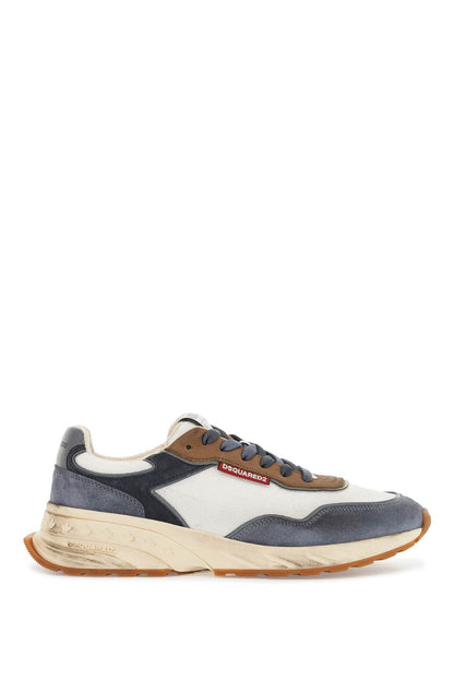 Low Top Blue Denim Sneakers In Leather With Suede Inserts And Rubber Sole  - Blue