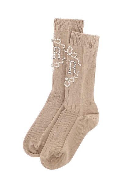 Sr Socks With Pearls And Crystals  - Beige