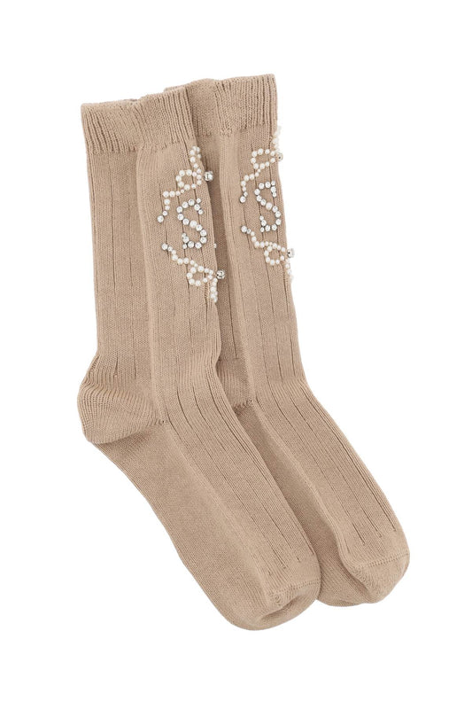 Sr Socks With Pearls And Crystals  - Beige