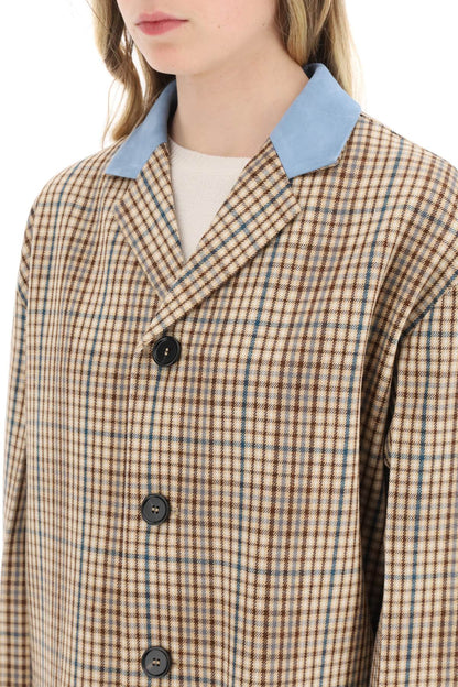 Suede Collar Checked Coat  - Beige