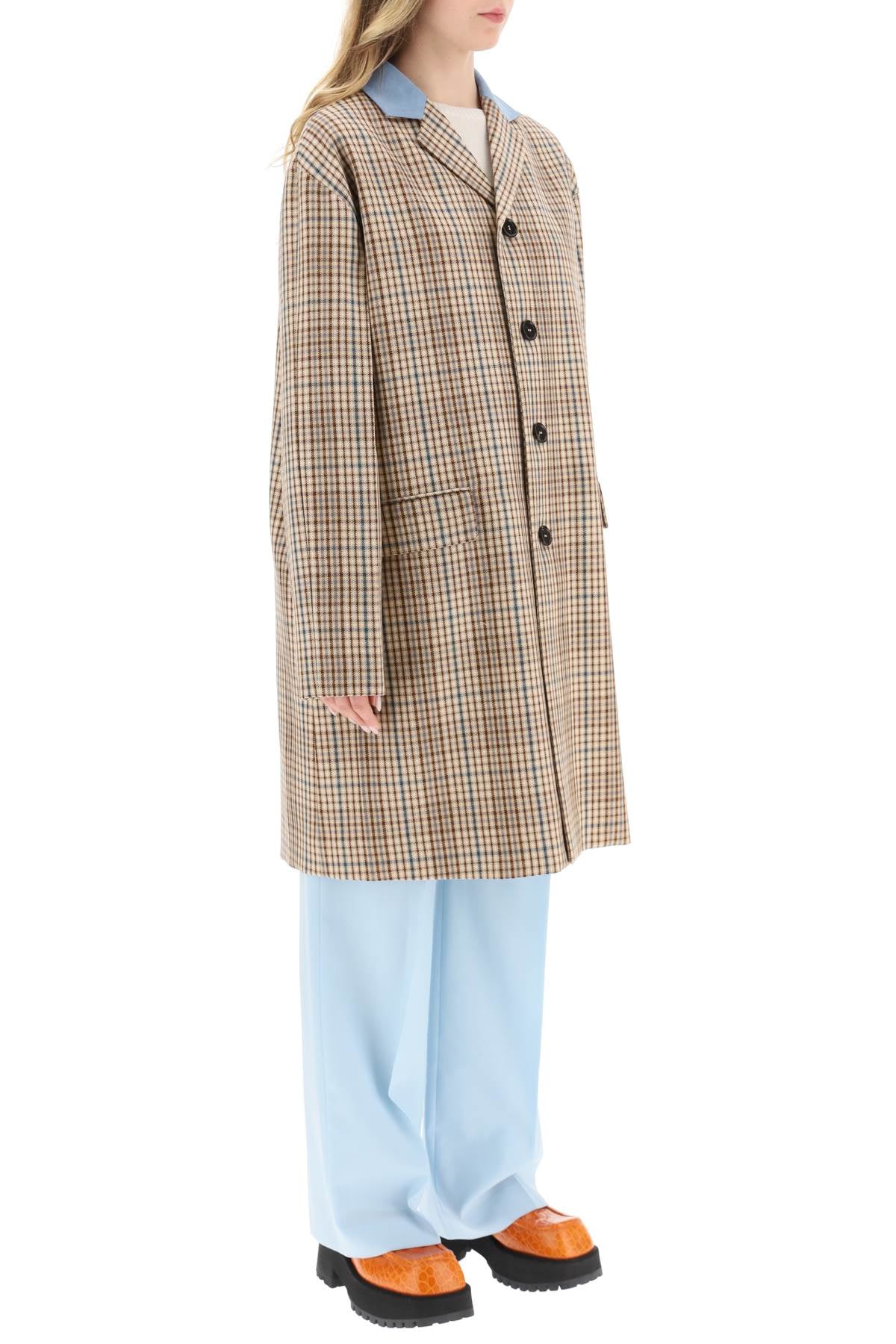 Suede Collar Checked Coat  - Beige