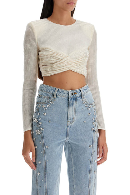 Mesh Crop Top With Beads Embellishments.  - White