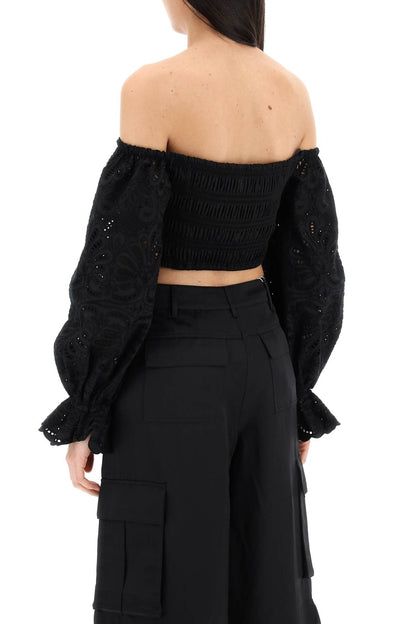 Off-shoulder Top With Sangallo  - Black