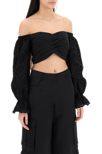 Off-shoulder Top With Sangallo  - Black