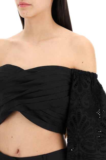 Off-shoulder Top With Sangallo  - Black