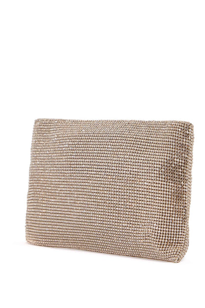 Compact Rectangular Bag In Light Gold Rhinestones With Elegant And Sophisticated Chain  - Gold