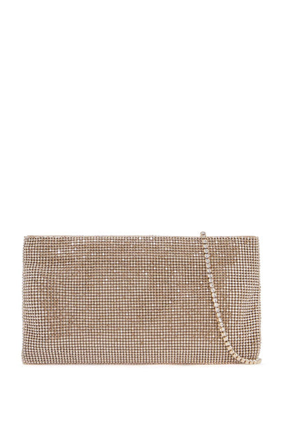 Compact Rectangular Bag In Light Gold Rhinestones With Elegant And Sophisticated Chain  - Gold