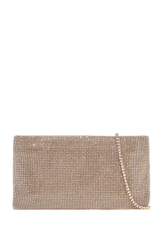 Compact Rectangular Bag In Light Gold Rhinestones With Elegant And Sophisticated Chain  - Gold