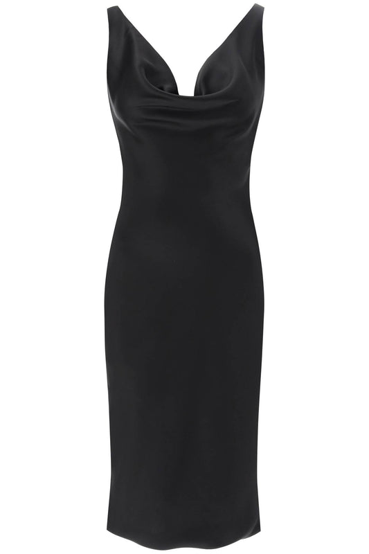 Drape Neck Satin Dress  - Black