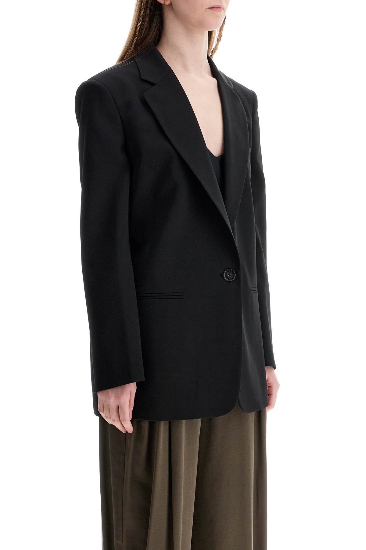 Blazer In Poliestere E Lana Nero Oversize Monopetto Con Scollo A V  - Black