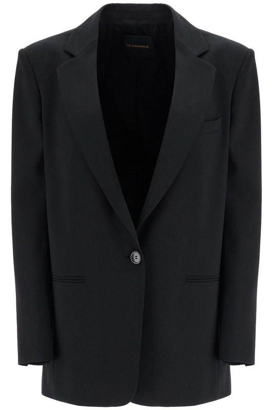 Blazer In Poliestere E Lana Nero Oversize Monopetto Con Scollo A V  - Black