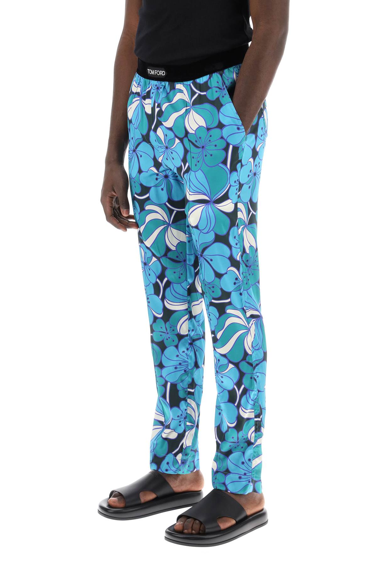 Pajama Pants In Floral Silk  - Blue