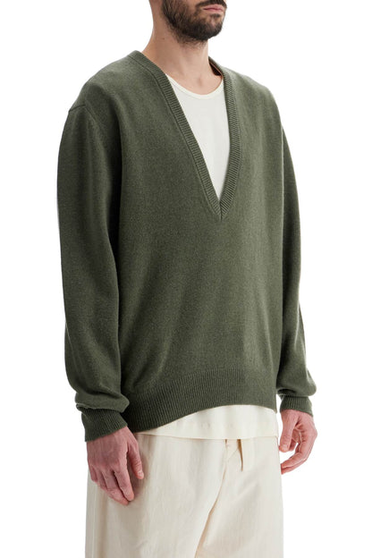 Deep V-neck Pullover Sweater  - Green