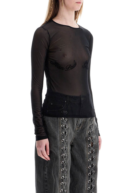 Top In Mesh Velluto Nero Logato  - Black