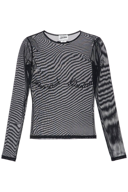 Top In Mesh Velluto Nero Logato  - Black