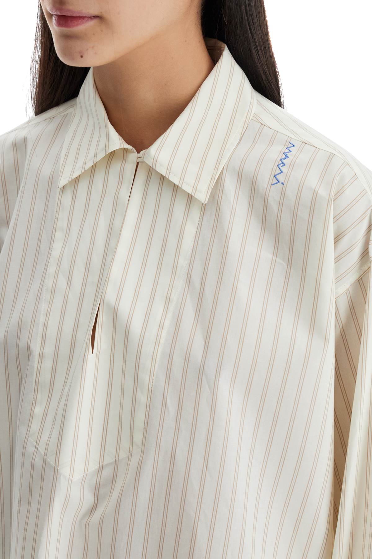 Ivory Striped Cotton Top With Embroidered Logo  - Beige