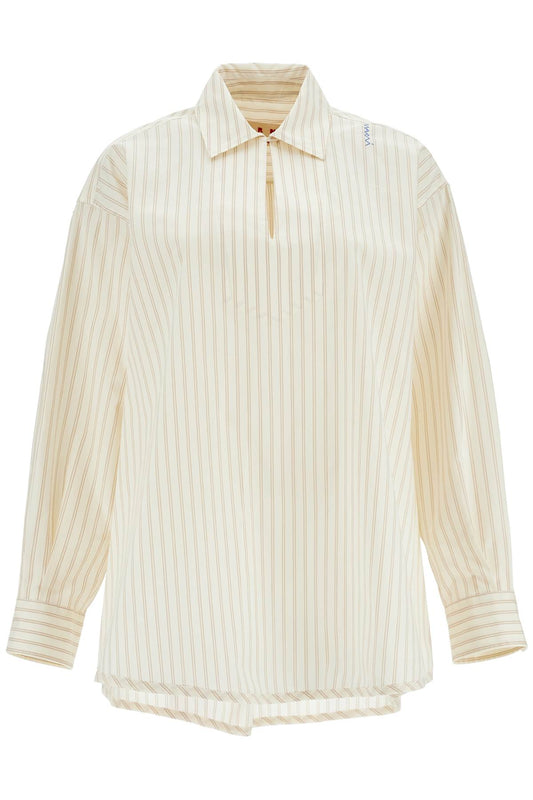 Ivory Striped Cotton Top With Embroidered Logo  - Beige