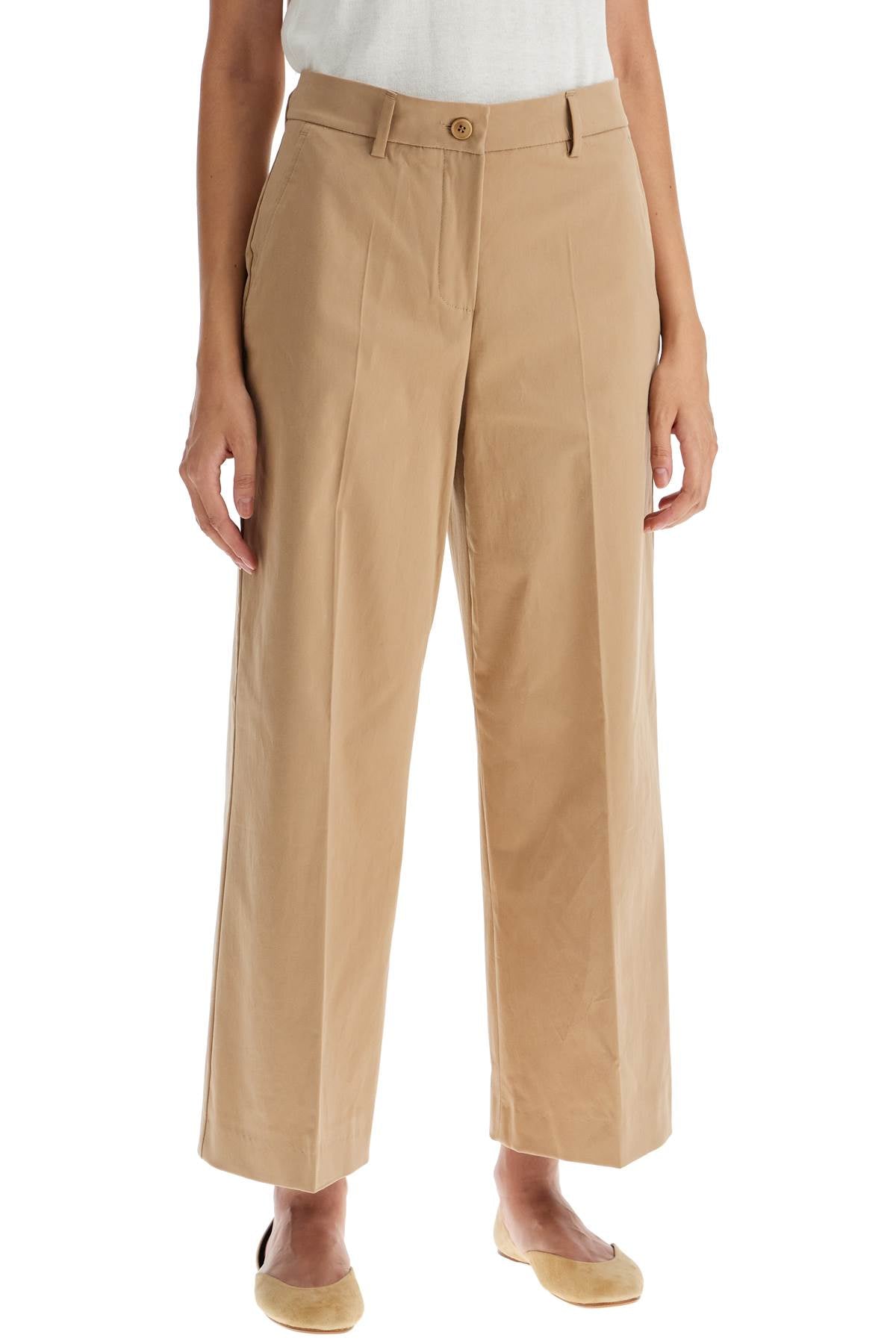 Stretch Cotton Cropped Pants  - Beige