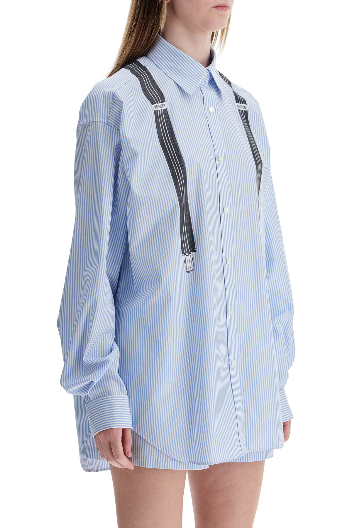 Light Blue Cotton Striped Shirt With Decorative Straps  - Blue