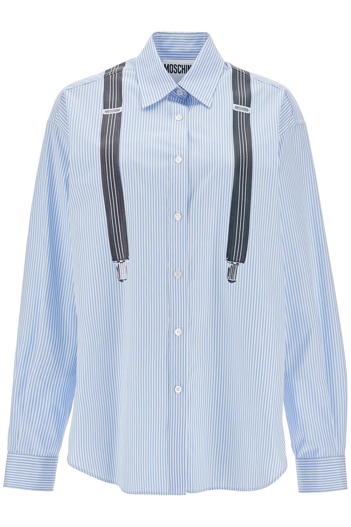 Light Blue Cotton Striped Shirt With Decorative Straps  - Blue