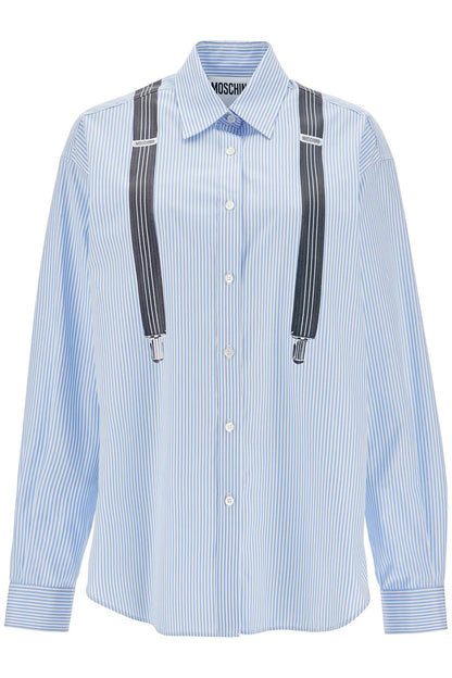 Light Blue Cotton Striped Shirt With Decorative Straps  - Blue