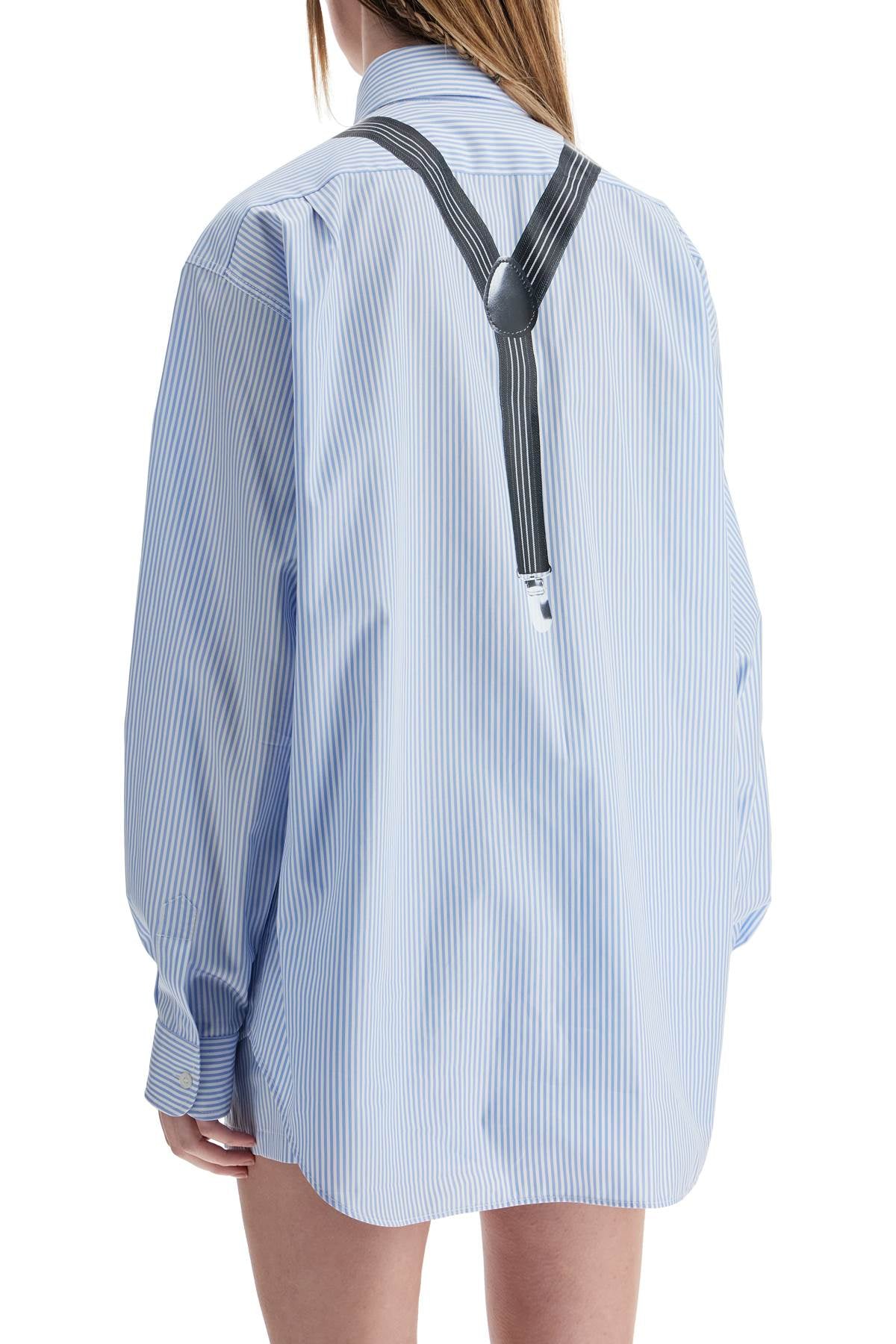 Light Blue Cotton Striped Shirt With Decorative Straps  - Blue