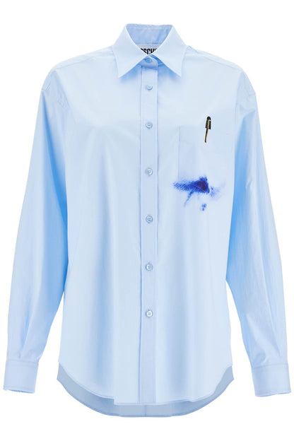 Printed Pocket Shirt With Button  - Light Blue