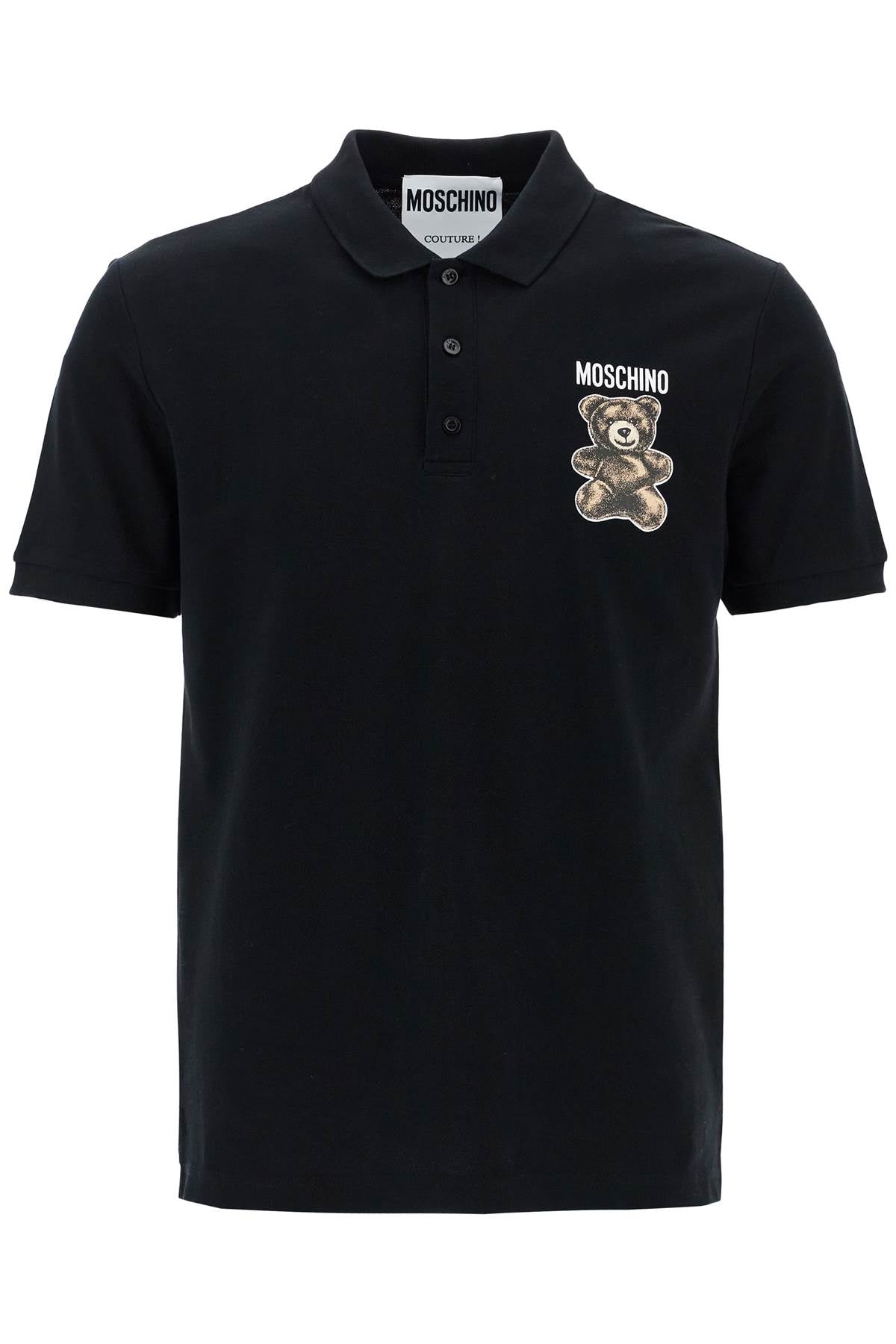 Black Cotton Polo With Bear Print  - Black